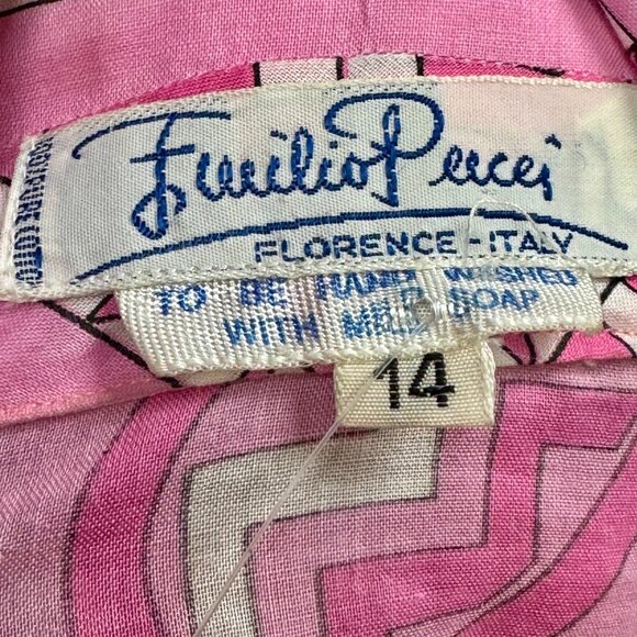 70s Emilio Pucci Pink Geometric Button Up Cotton Blouse Vintage Shirt 14 - Picture 5 of 5